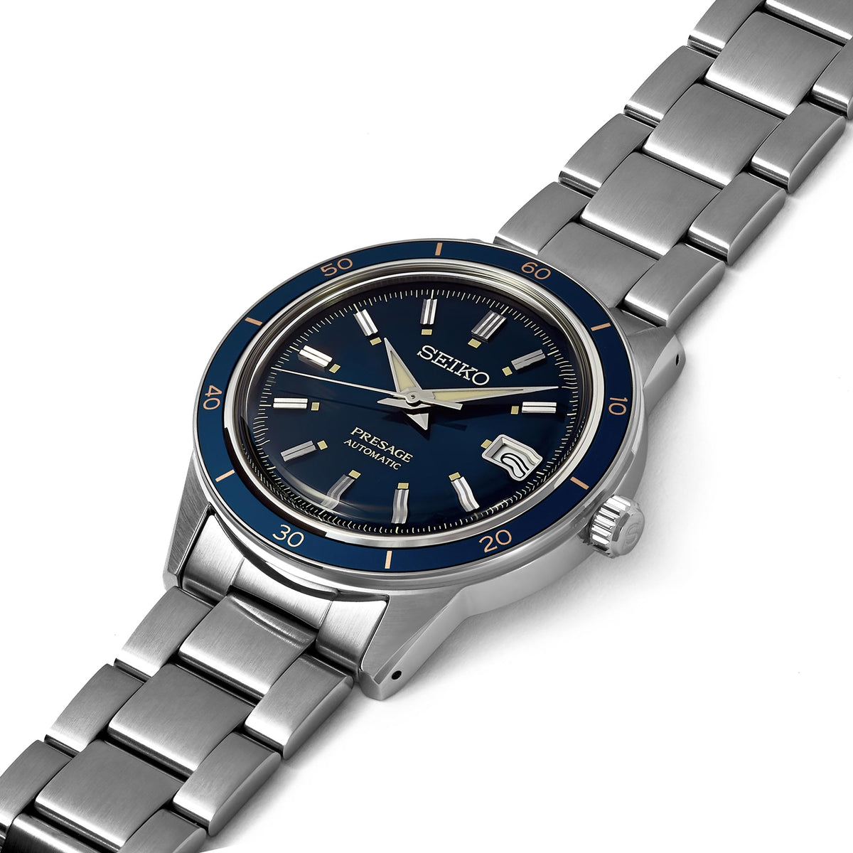 Men's automatic wrist watch with blue dial, stainless steel bracelet, and gold-tone hands