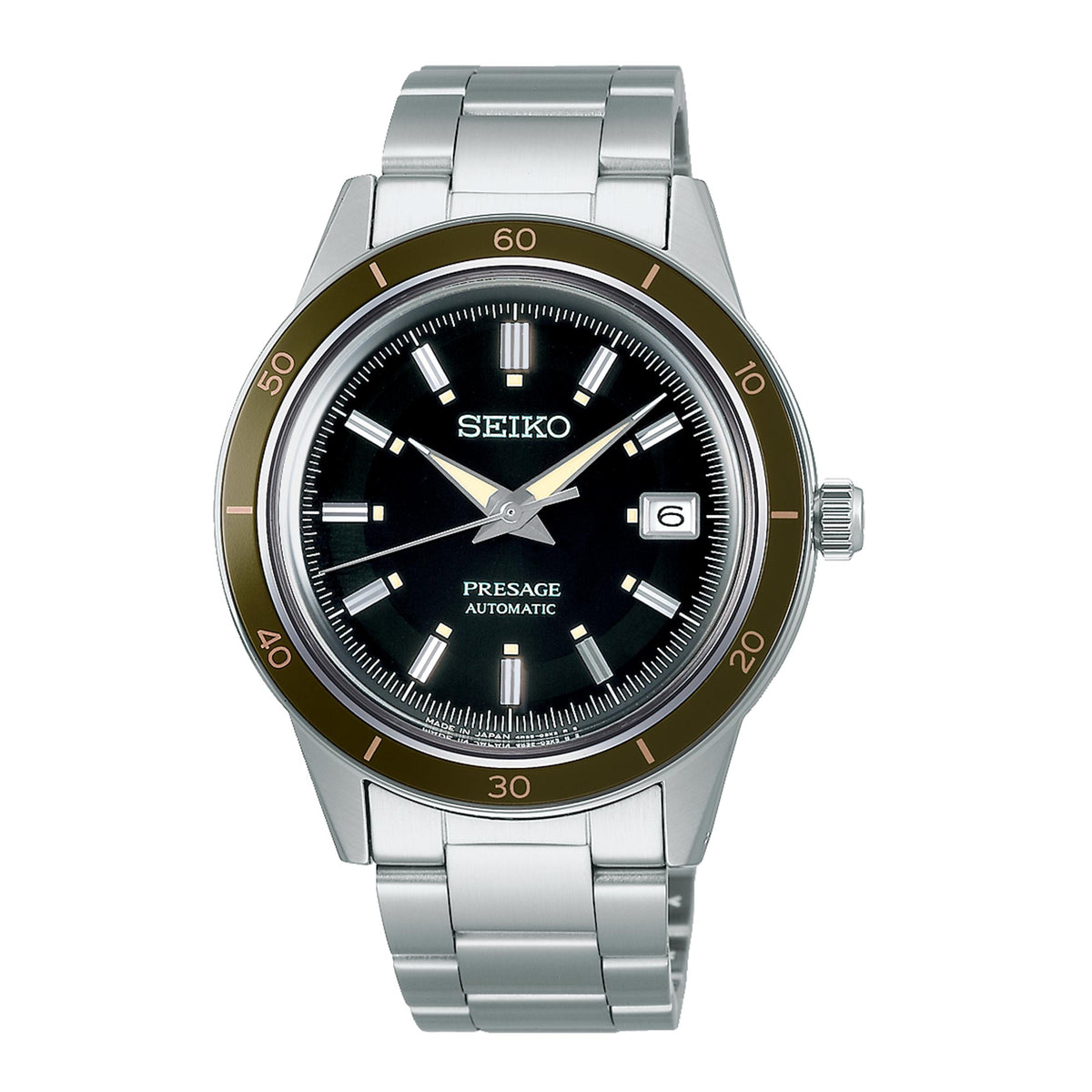 Stainless steel automatic watch with black dial, baton markers, and linked bracelet