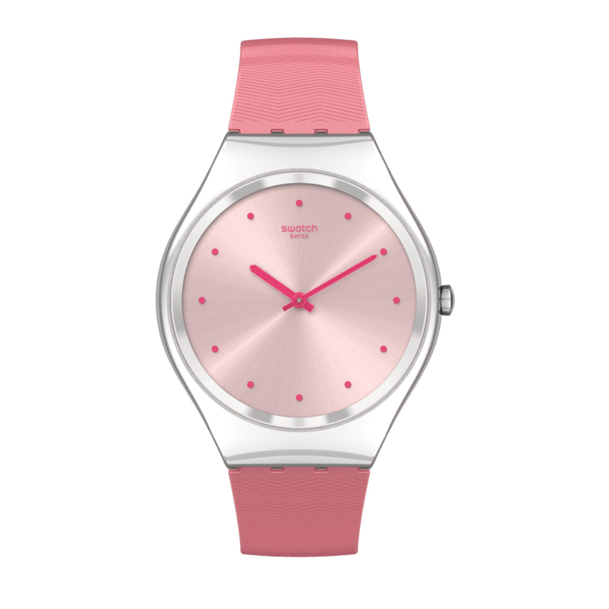 Pink dial ladies watch with silver case and pink silicone strap, angled view