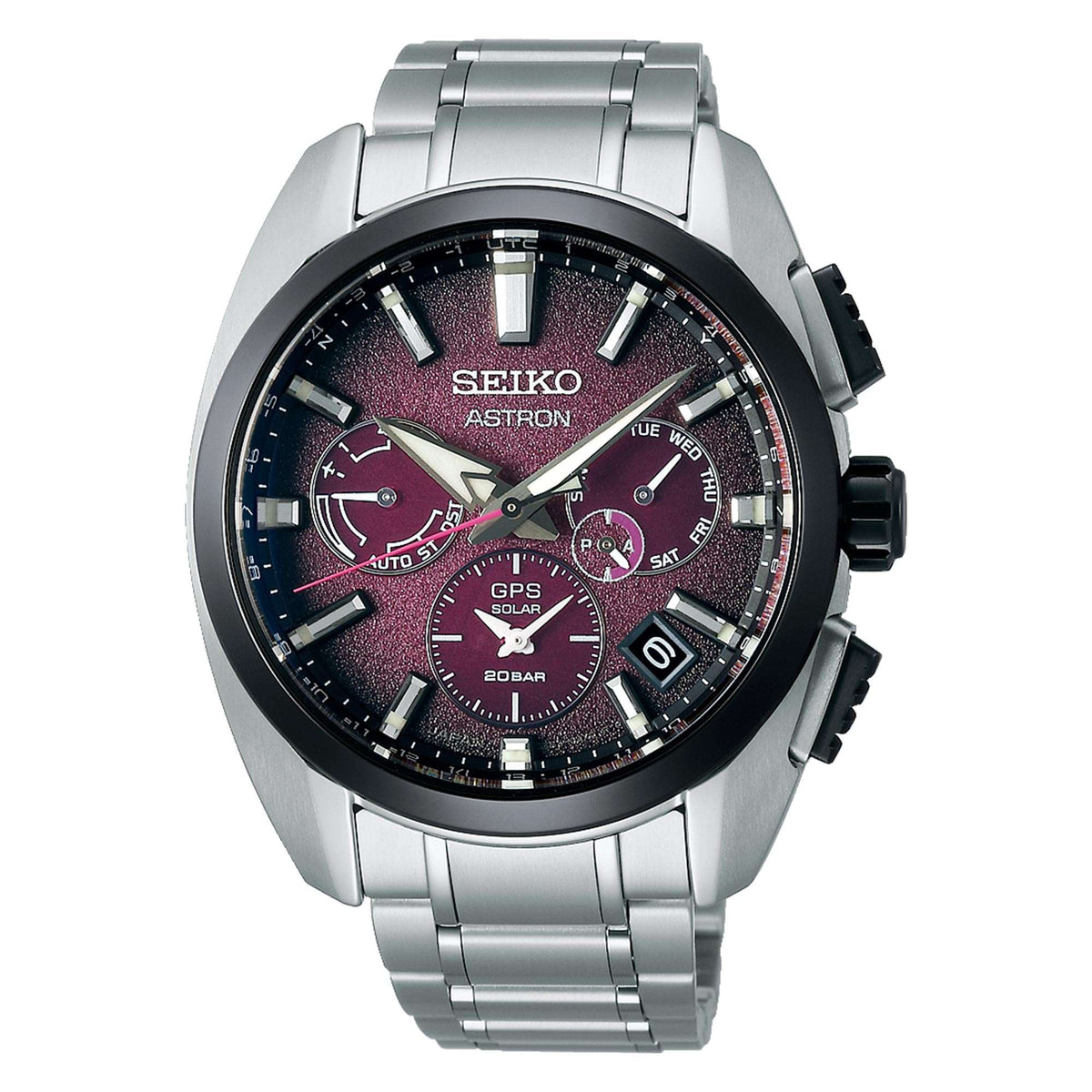 Men's GPS solar watch with textured purple dial, black bezel, and steel bracelet