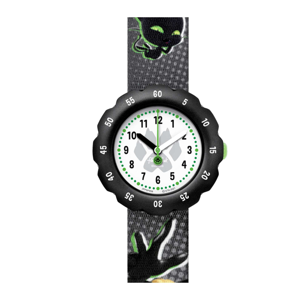Kids quartz cat-themed wristwatch with white dial, green dotted track, black case, fabric strap