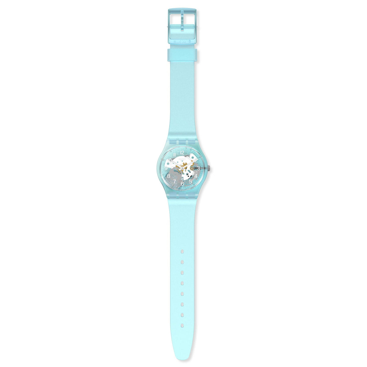 Light blue silicone strap watch with round case and see-through skeleton dial at the top