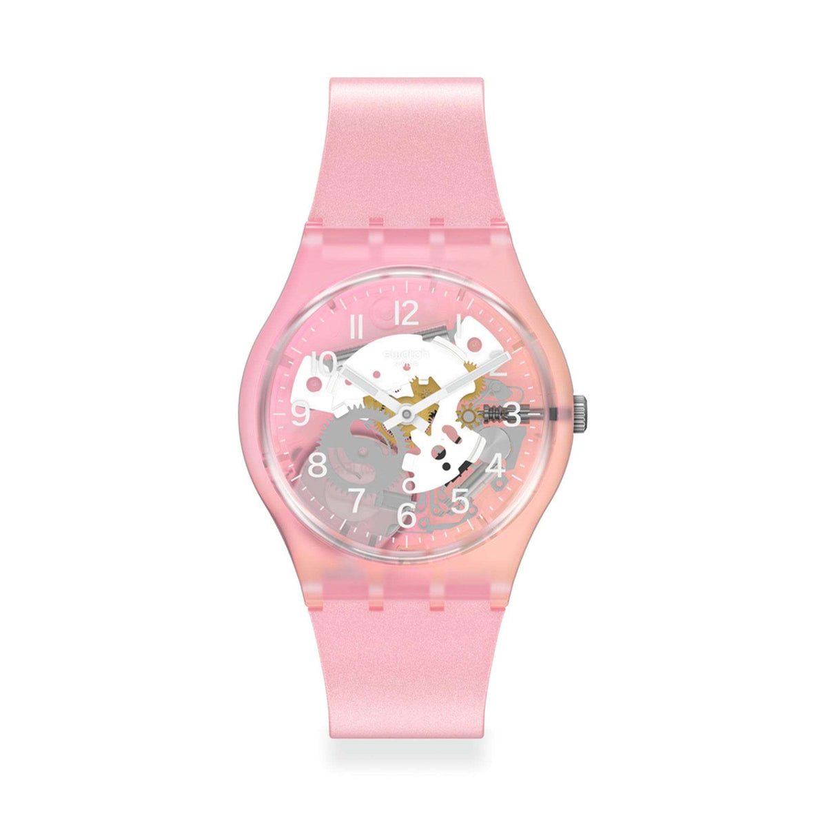 Swatch quartz watch with pink dial and patterned accents, pink silicone strap