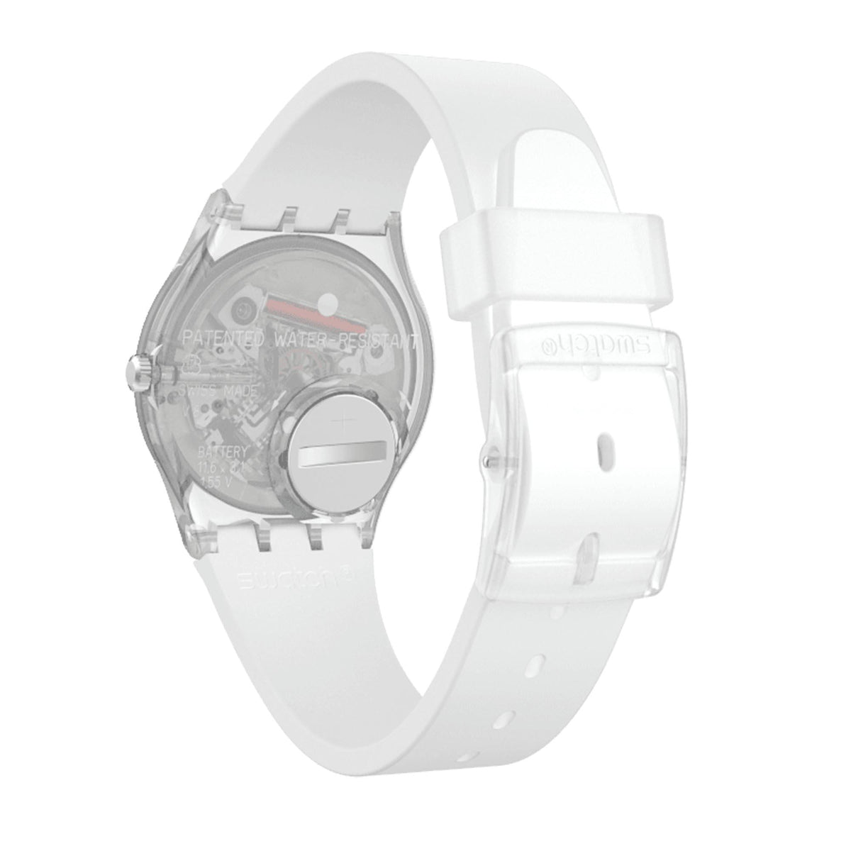 Silicone strap quartz watch back view with light blue strap and round, see-through case