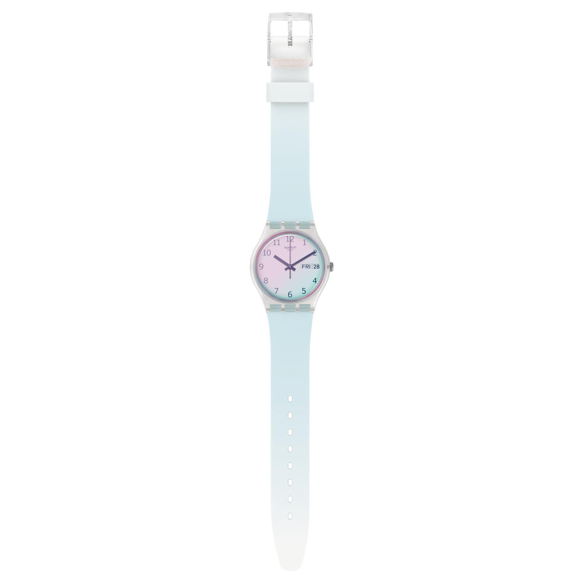 Silicone strap quartz watch with light blue strap and small pastel dial with minute markers