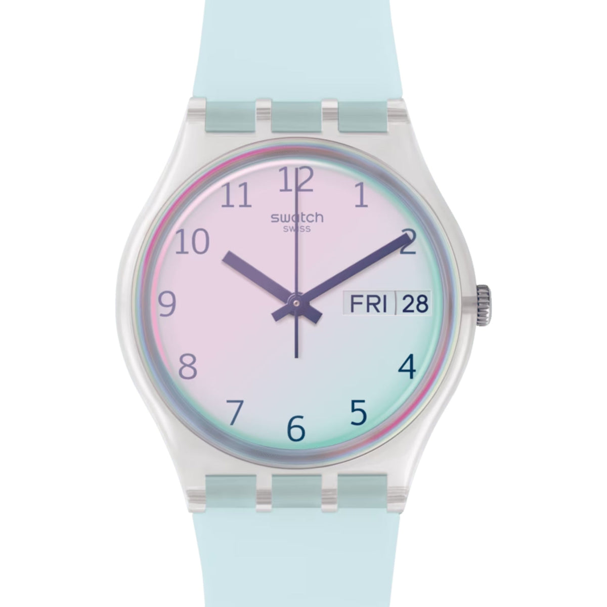 Silicone strap quartz watch front view: pastel gradient dial, dark hands, light blue strap