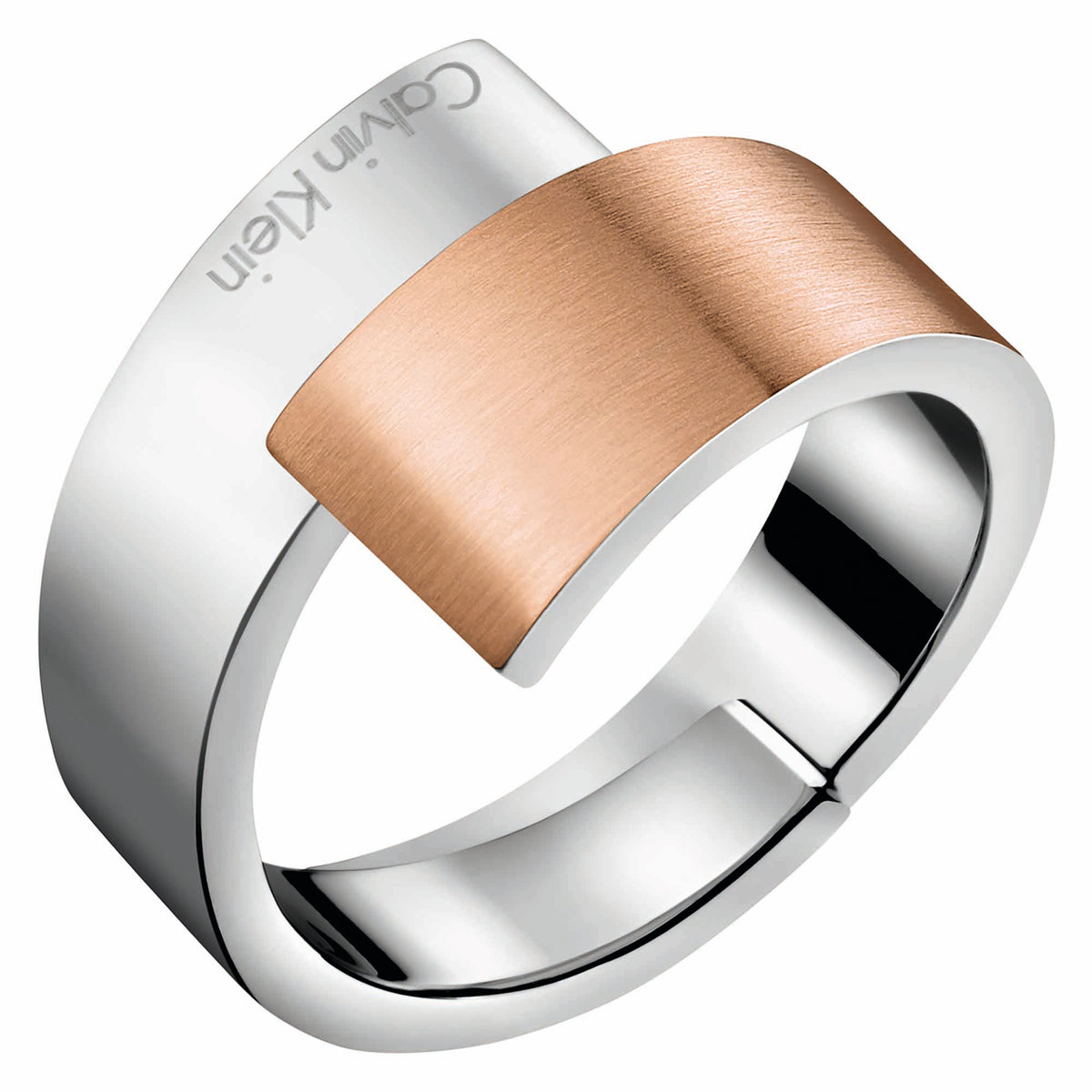 Rose gold band stainless steel ring, angled view showing smooth polished edges