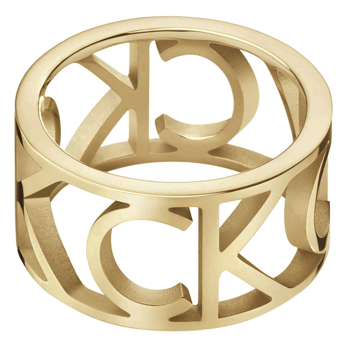 Gold-tone wide cuff-style ring with abstract cutout pattern and smooth polish