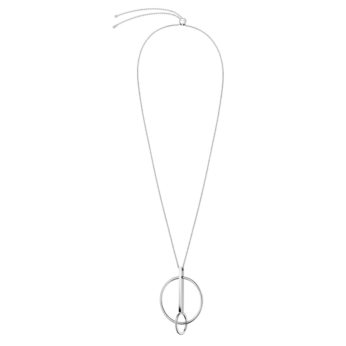 Stainless steel pendant necklace with circular ring and drop loop centerpiece