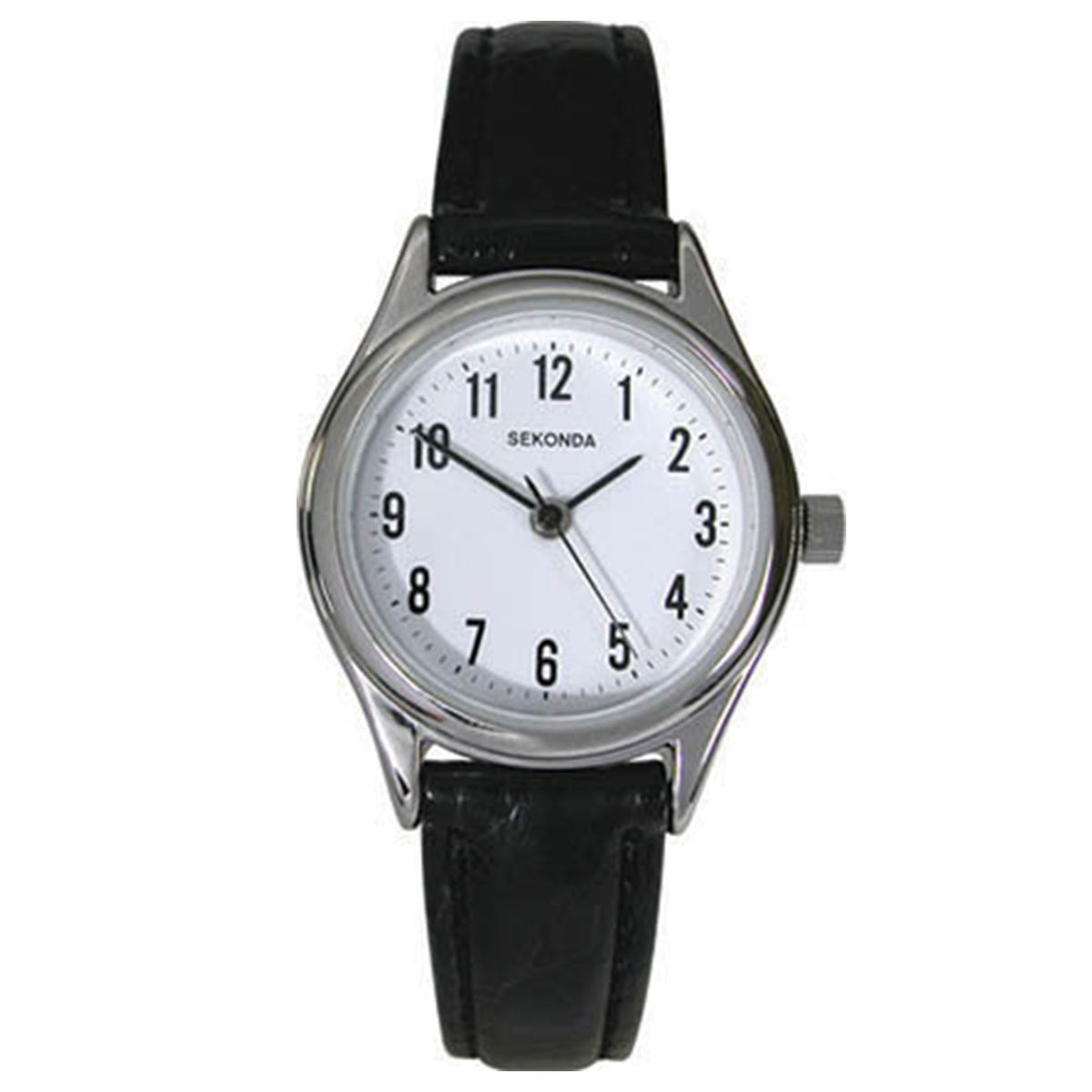 Sekonda analog wristwatch with black strap, silver case, white dial and minute markers