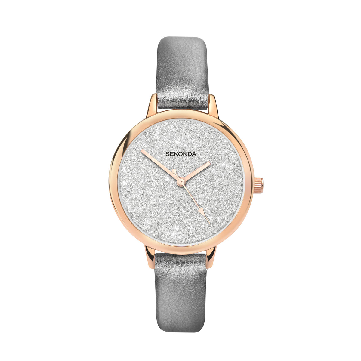 Ladies quartz watch, rose gold bezel and gray leather strap, silver dial with three hands