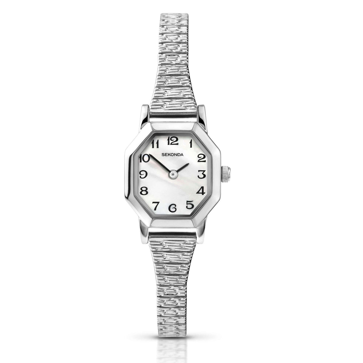 Octagonal stainless steel ladies quartz watch with mother-of-pearl dial and woven bracelet