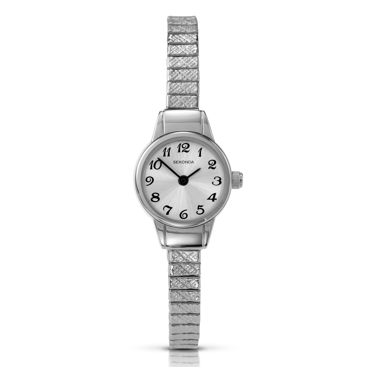 Analog quartz watch, silver dial with black numerals, stainless steel bracelet strap