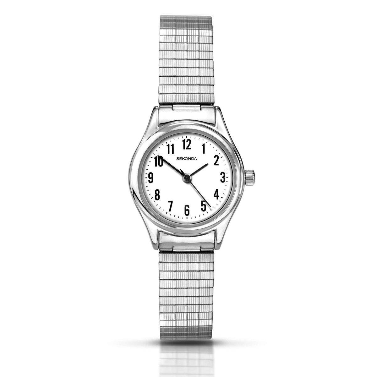 Ladies stainless steel bracelet watch with white analog dial and silver bezel, crown right