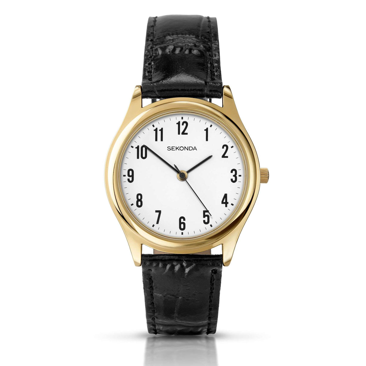 Classic men’s quartz watch with white dial, black leather strap, and gold-tone bezel; minute markers.