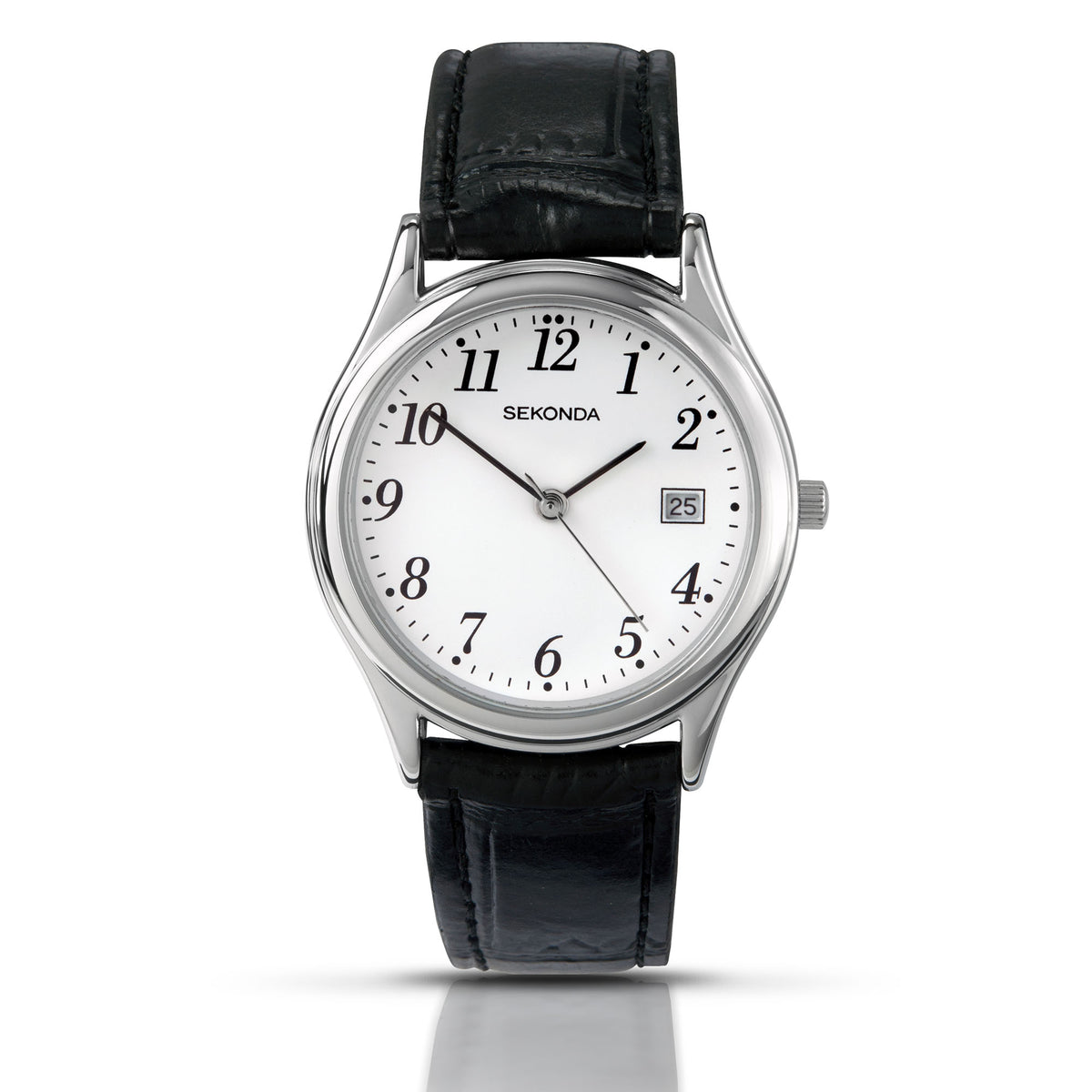 Analog men's watch: white dial with bold numerals, black leather strap, silver case