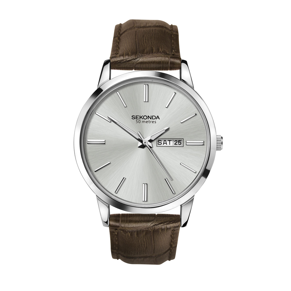 Men's quartz watch with silver case and markers, light dial, brown leather strap