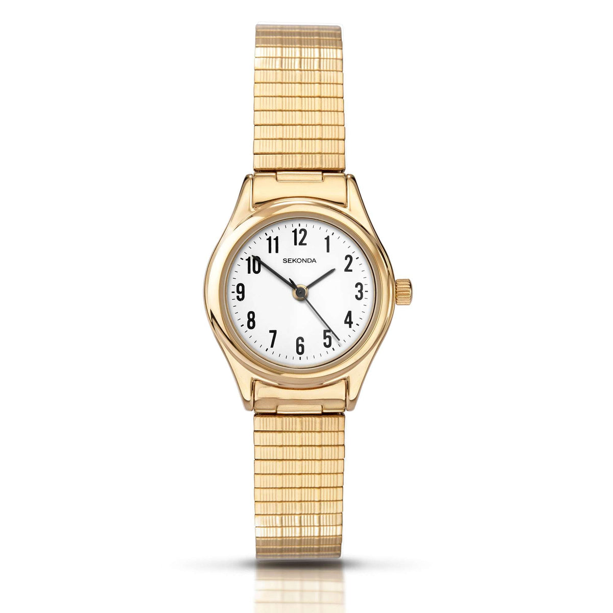 Gold-tone round case quartz watch with white dial, three hands, and textured mesh bracelet