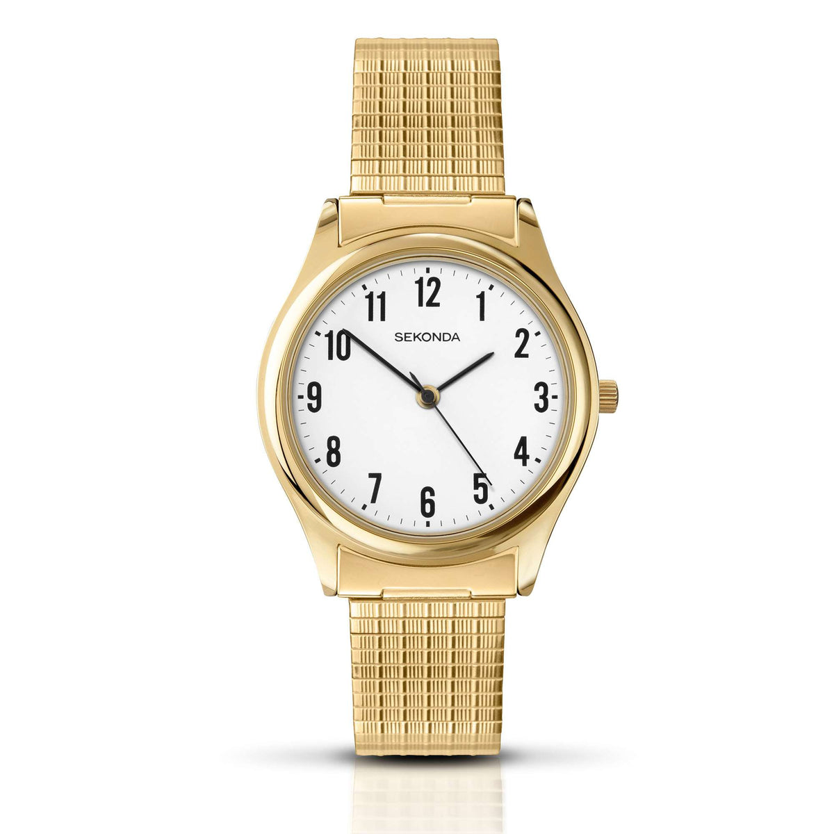 Gold-tone men's quartz watch with white dial, analog hands, expandable mesh strap.