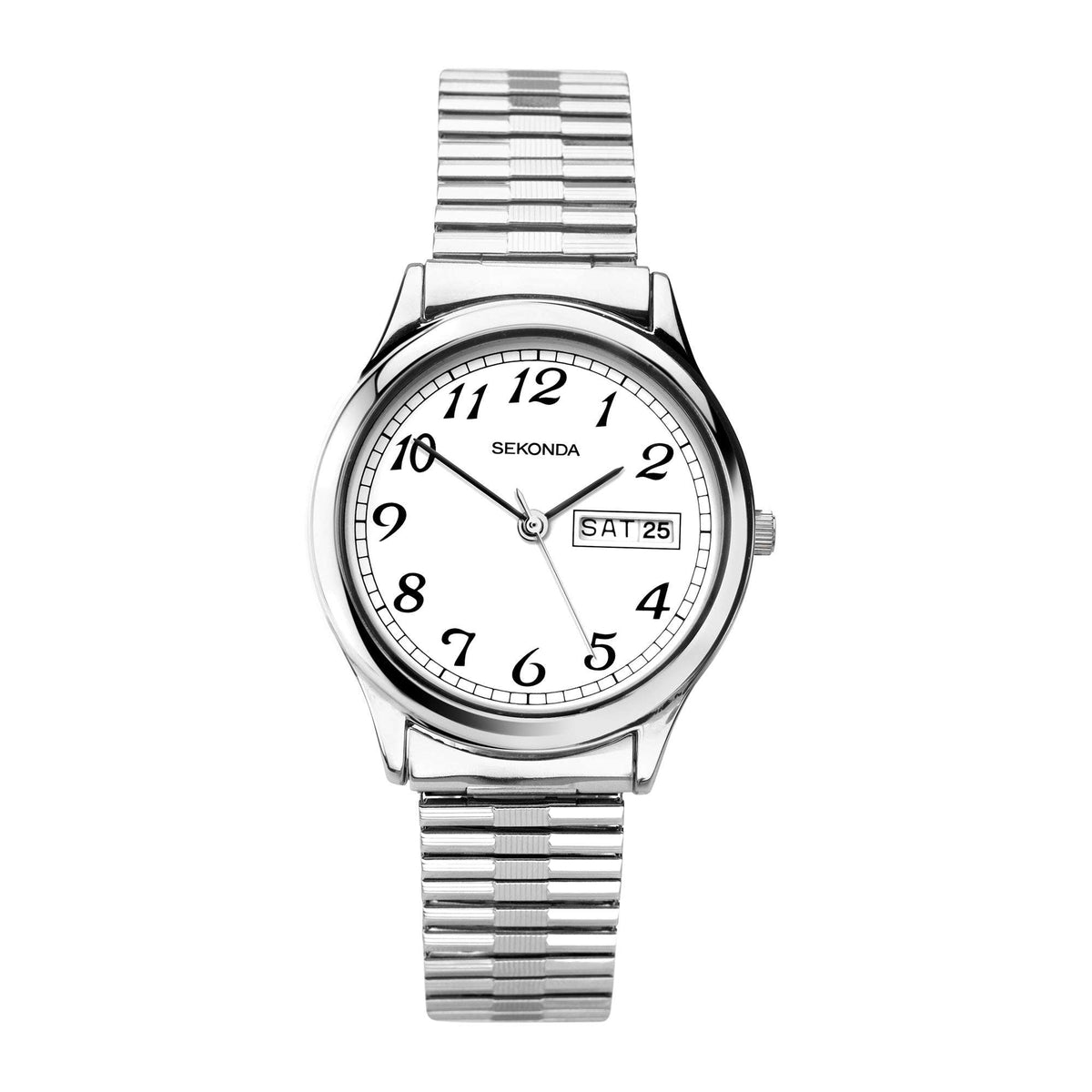 Sekonda men's quartz wrist watch with round silver case, white dial, metal bracelet