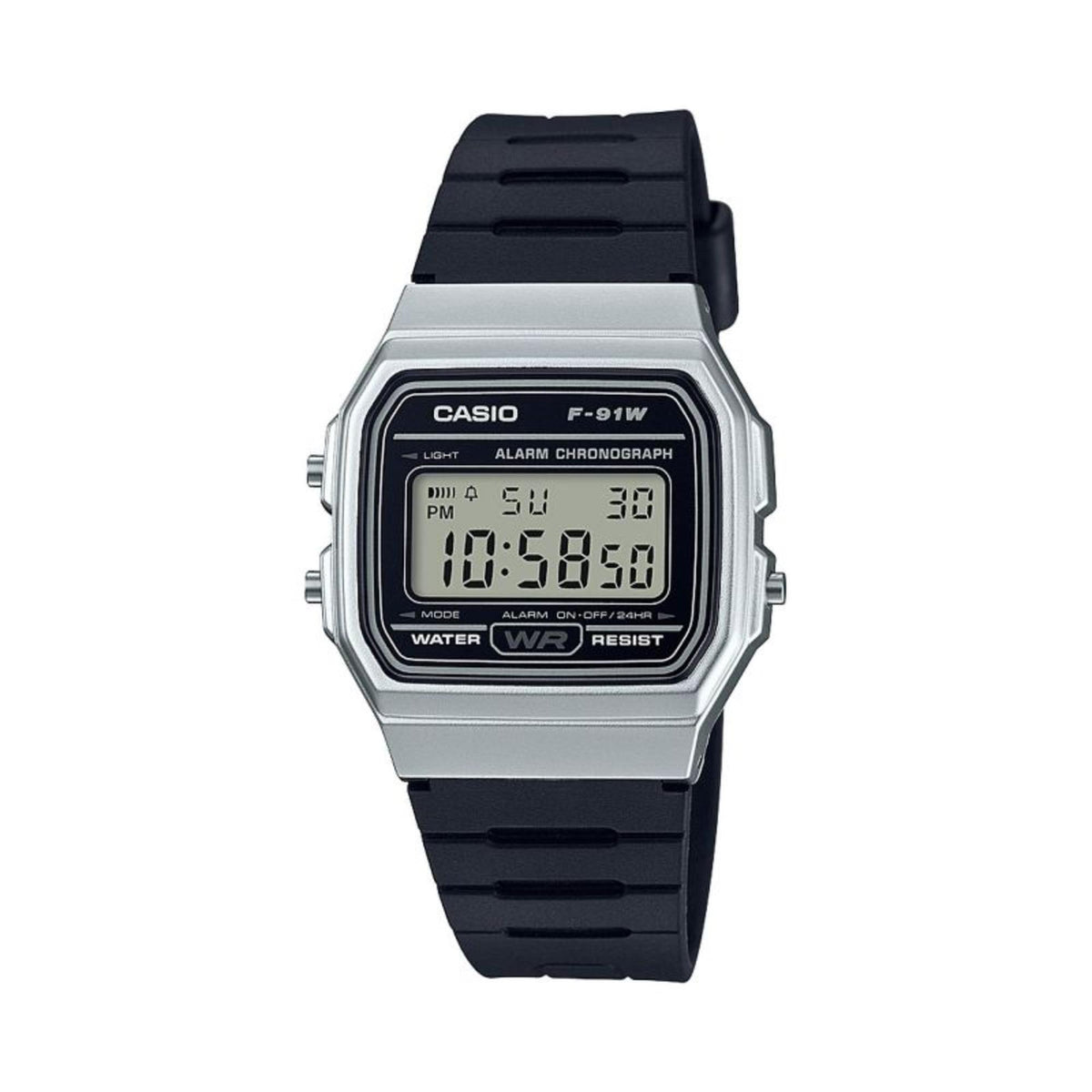 Casio digital watch with silver-toned case, black strap, LCD alarm/chronograph