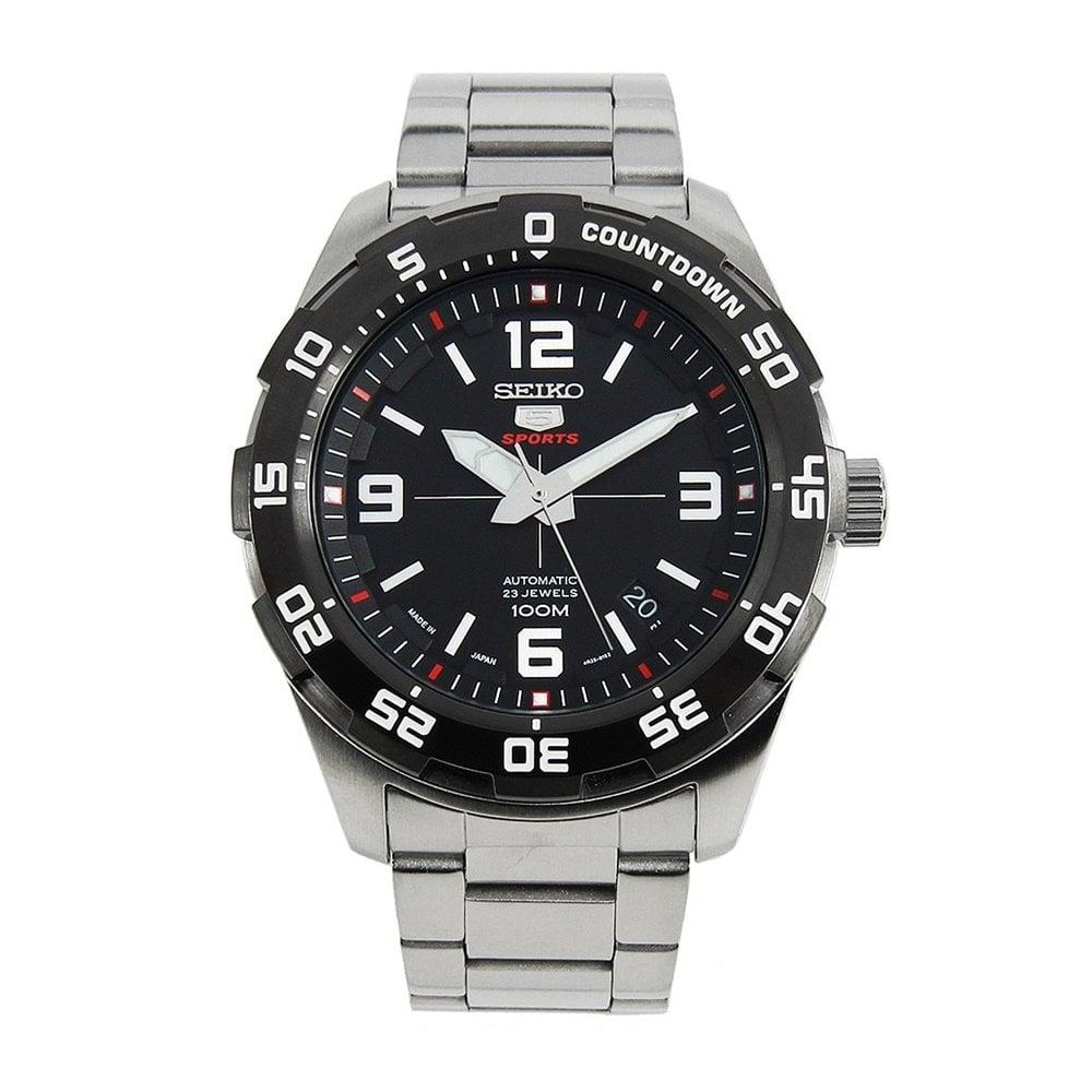 Men's Seiko 5 Sports automatic watch with black dial and date window at 12, silver bracelet