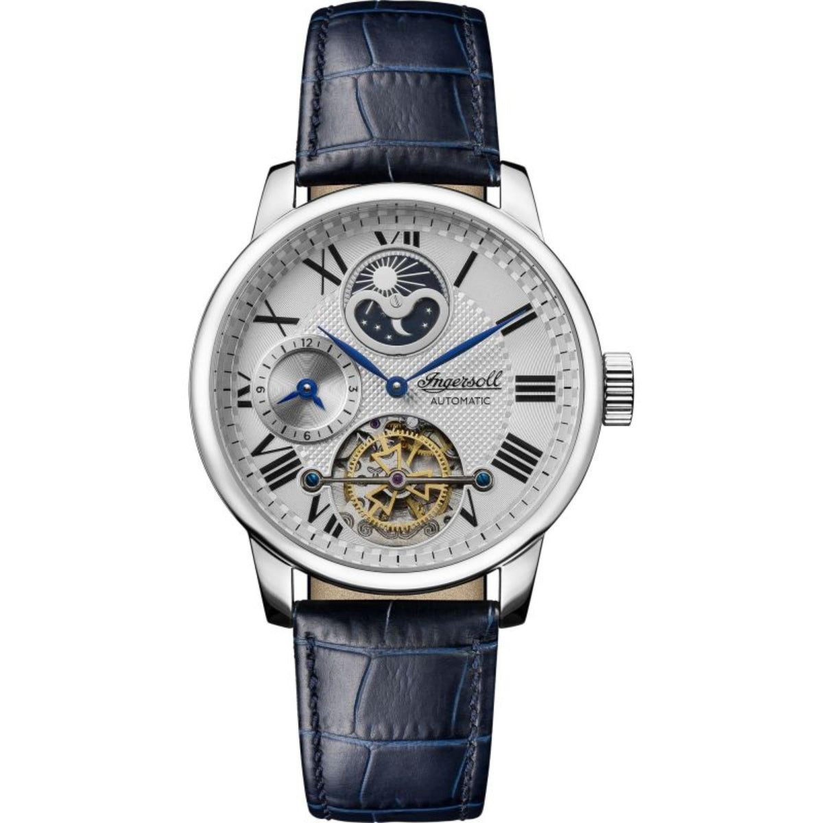 Automatic men’s silver-tone watch with blue leather strap, skeleton dial and blue accents