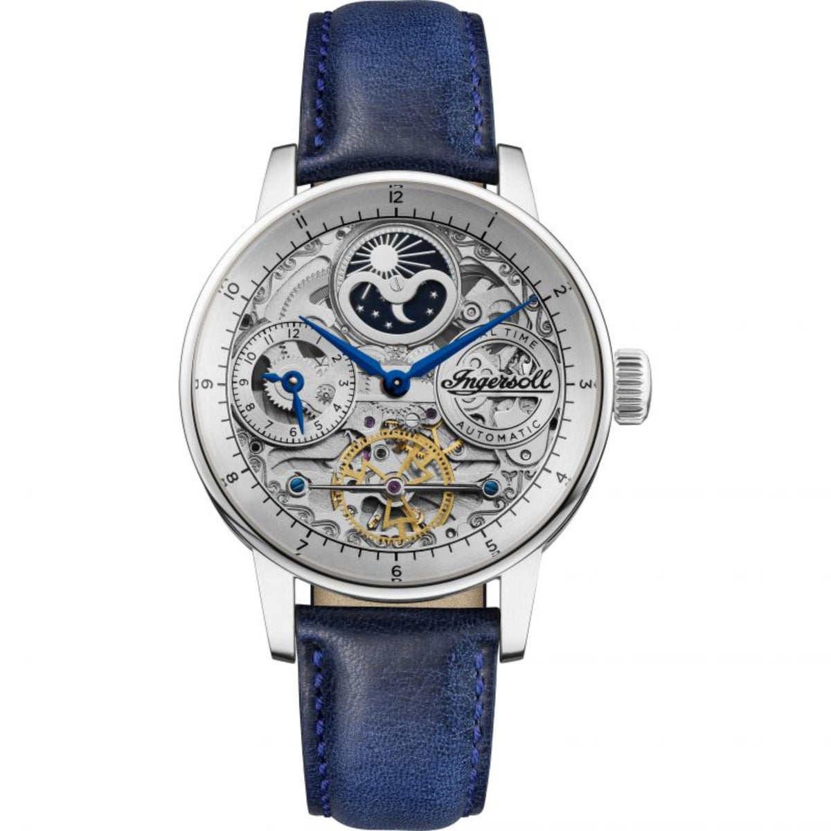 Men's automatic skeleton watch with blue leather strap and silver-tone case, visible inner gears