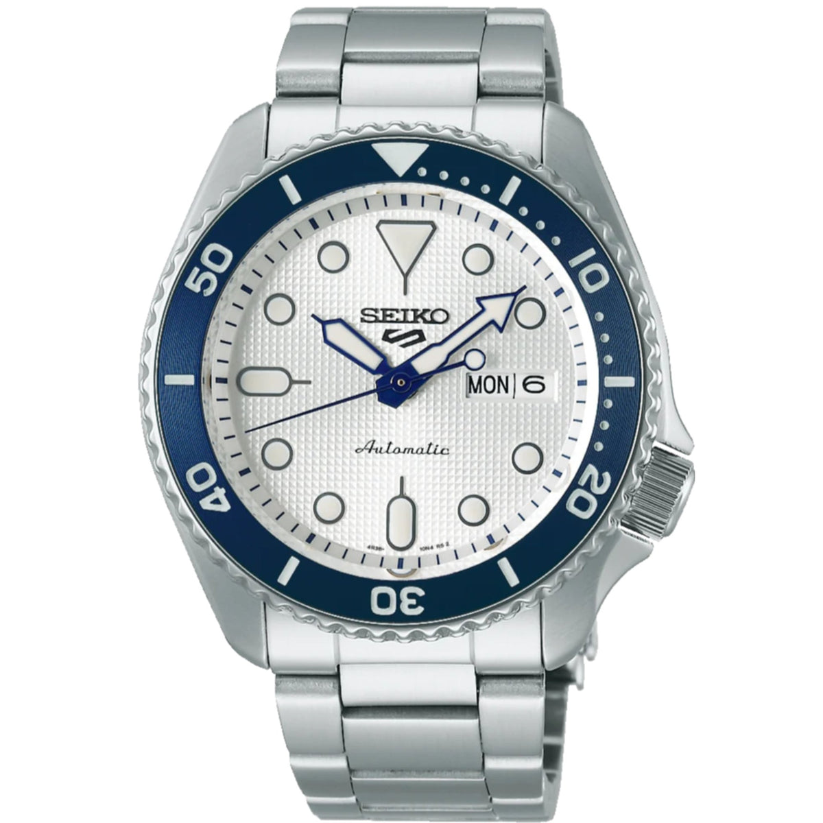 Men's stainless steel automatic watch with white dial and blue bezel
