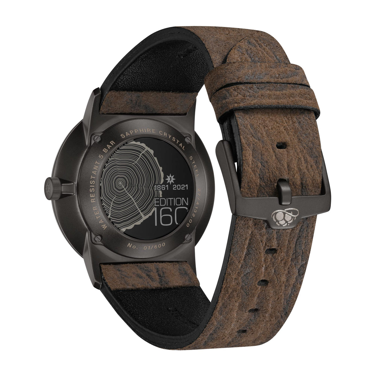 Automatic men's watch with black dial and brown leather strap, shown with buckle and case engraving