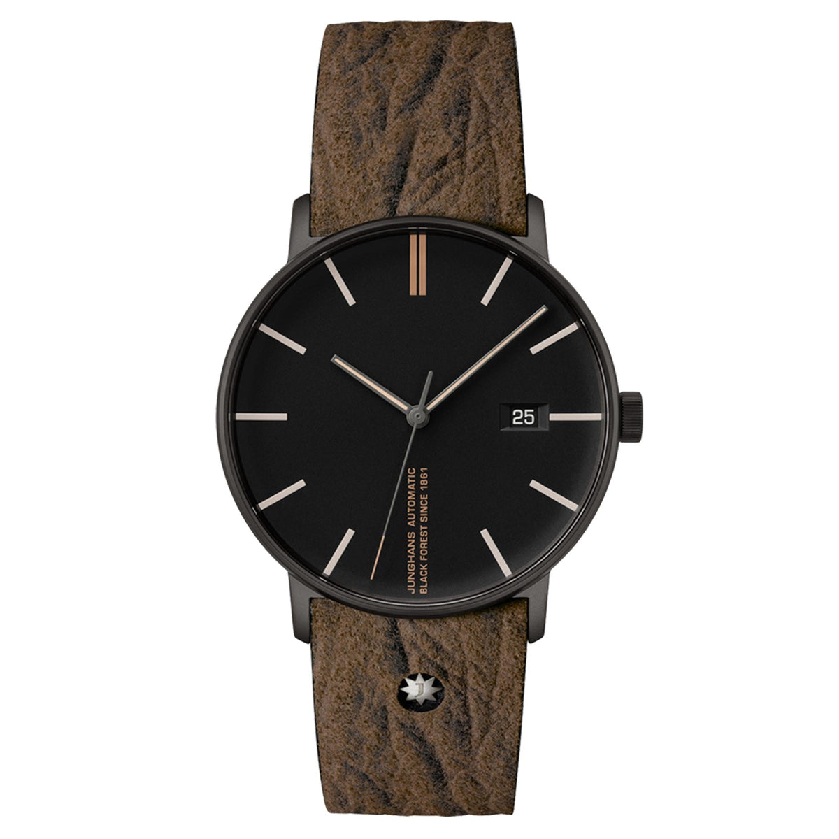Automatic men's watch with black dial, baton hour markers and date at 3, brown leather strap