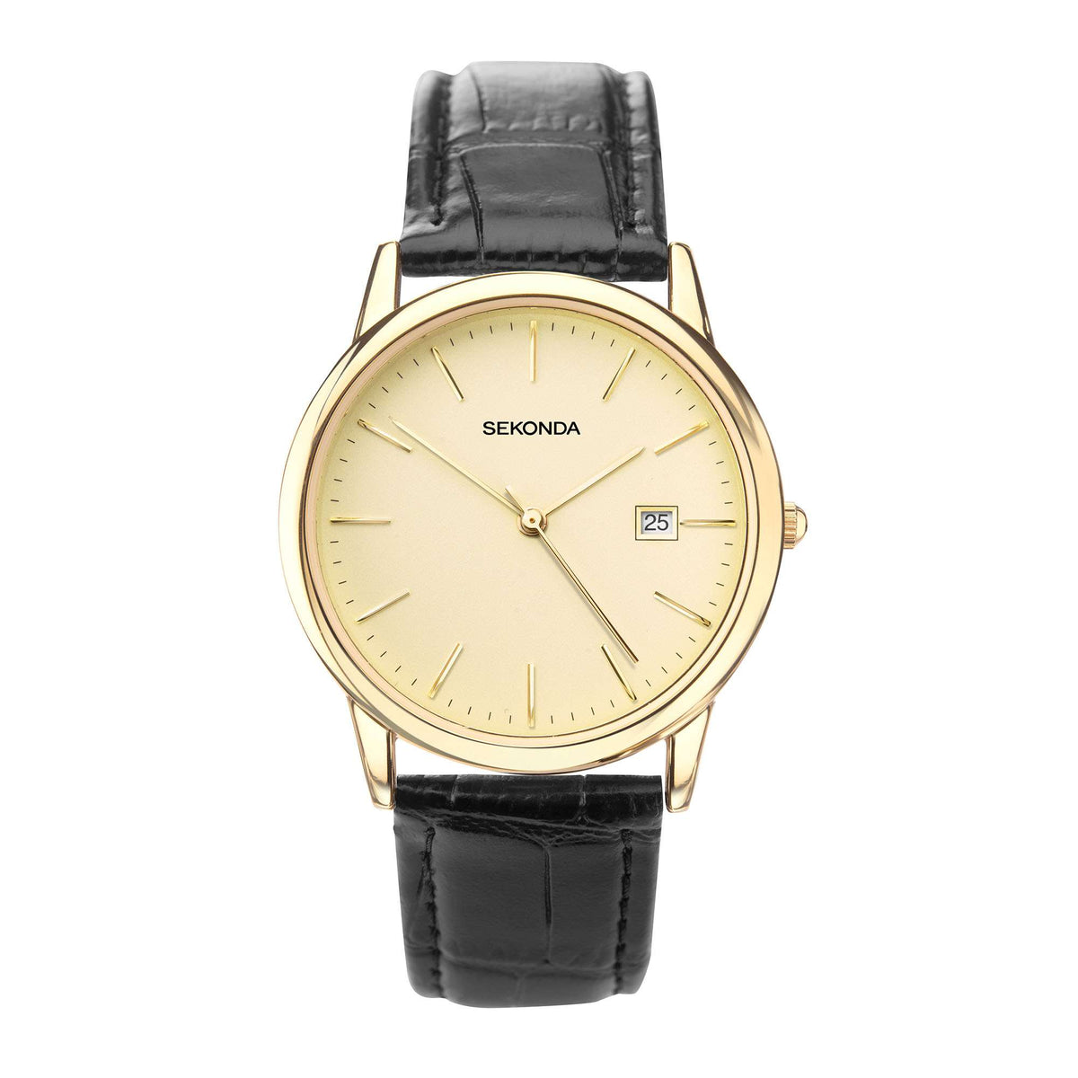 Sekonda men's quartz watch with black leather strap, gold-tone case, and date window at 3