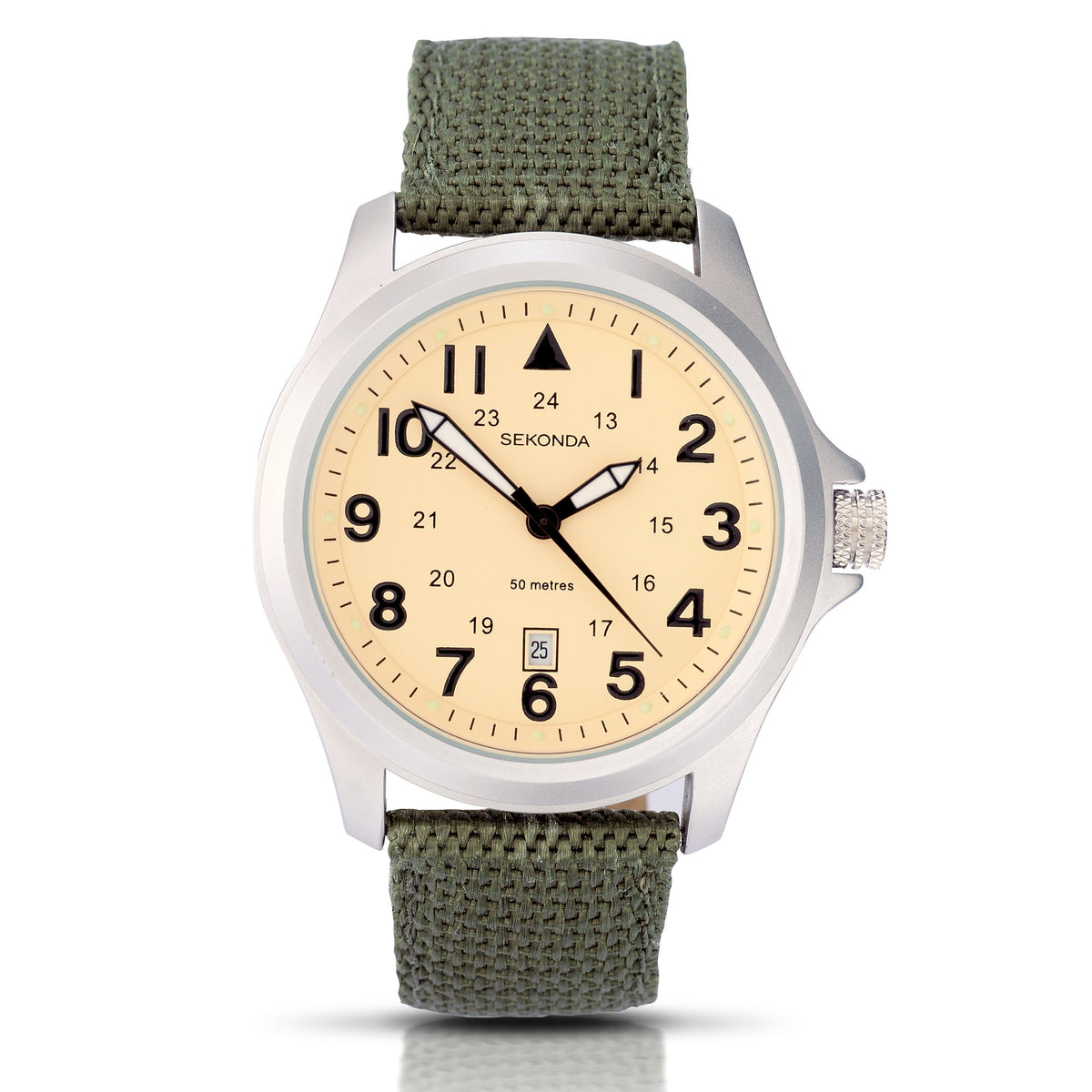 Men’s aviator quartz wristwatch: cream dial, black hands, green woven fabric strap.