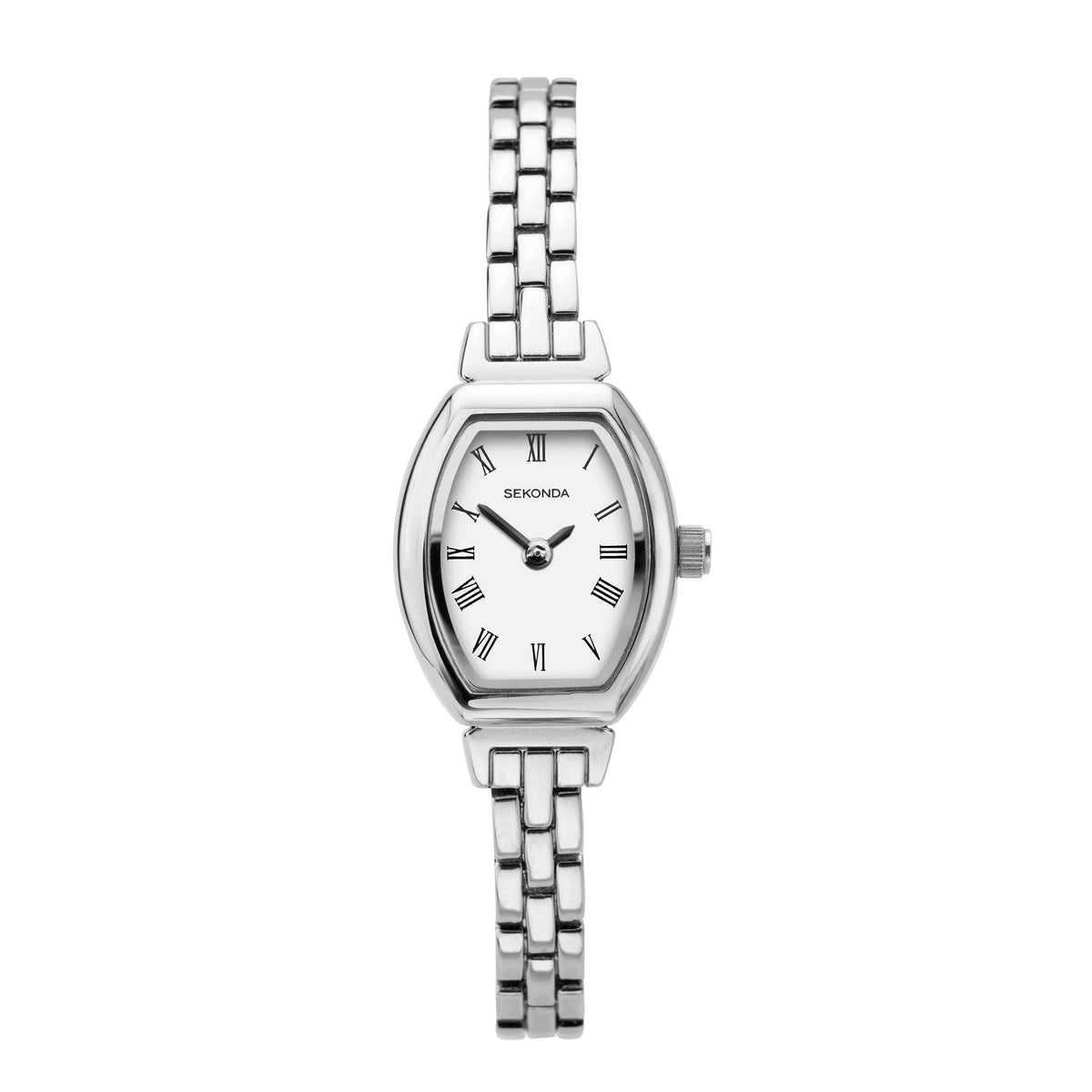 Ladies quartz wristwatch with stainless steel bracelet and white dial, Roman numerals