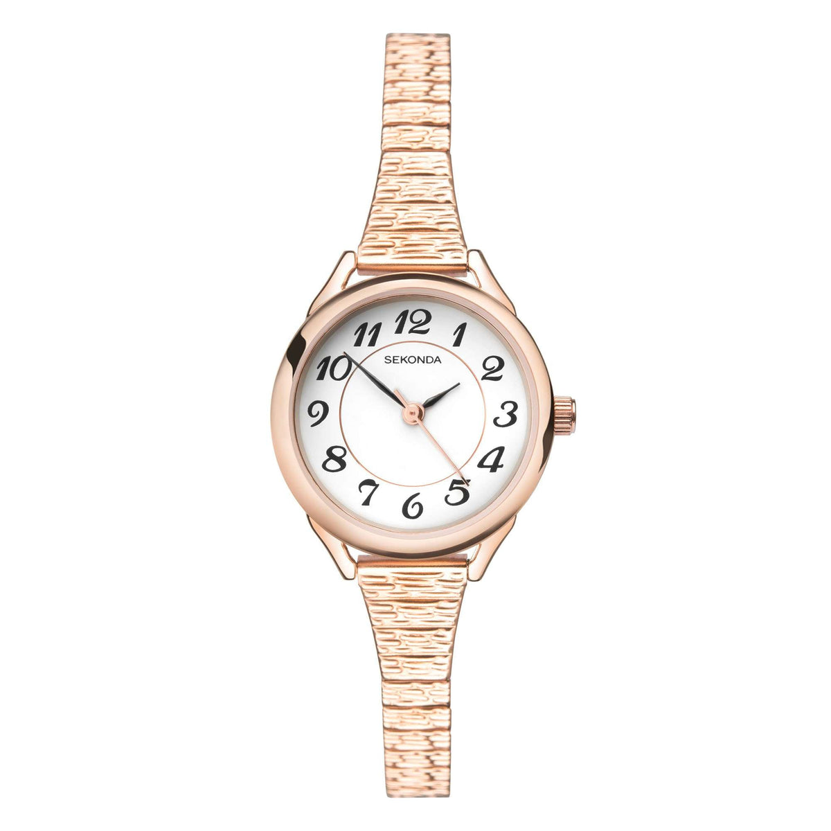 Rose gold bracelet-style ladies watch with white dial and Arabic numerals, quartz hands