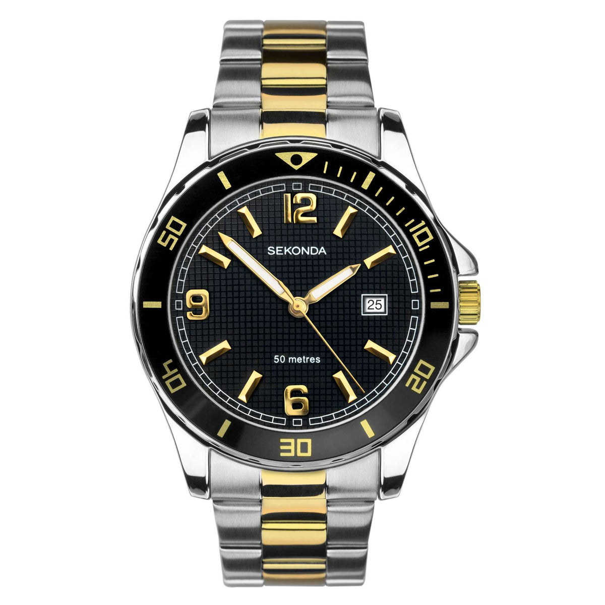 Men's two-tone stainless steel quartz watch, black dial, gold bezel markers, sturdy bracelet