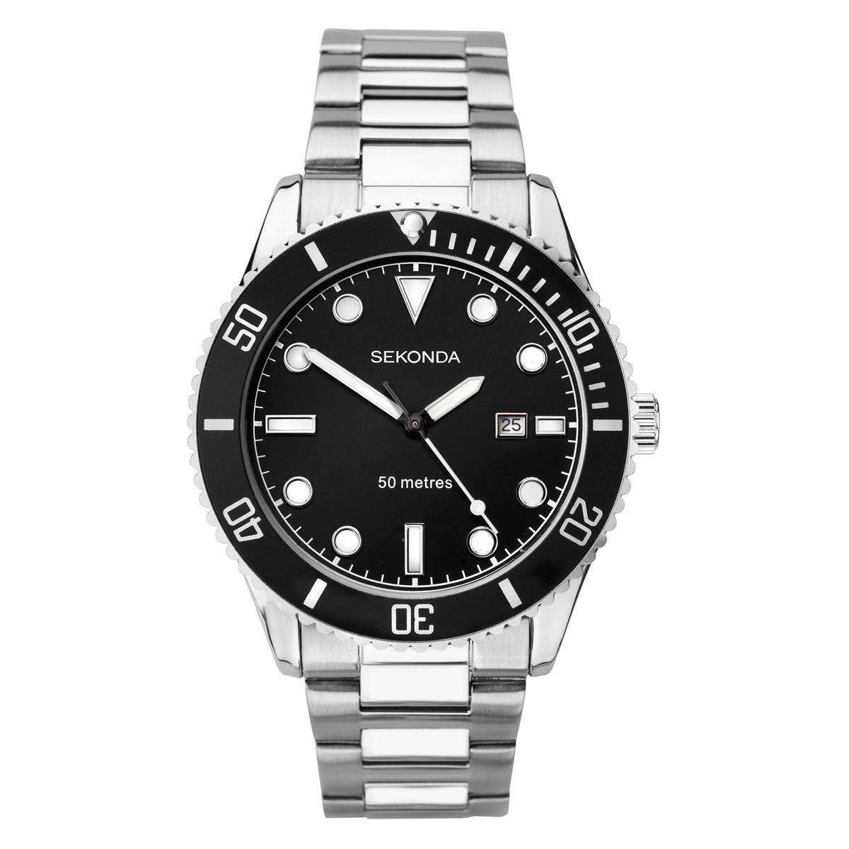 Men's sports quartz watch with black dial, stainless steel bracelet, date window at 3