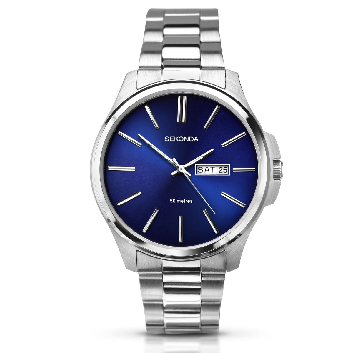 Round men's stainless steel watch with blue dial and metal link bracelet, SAT 25 date