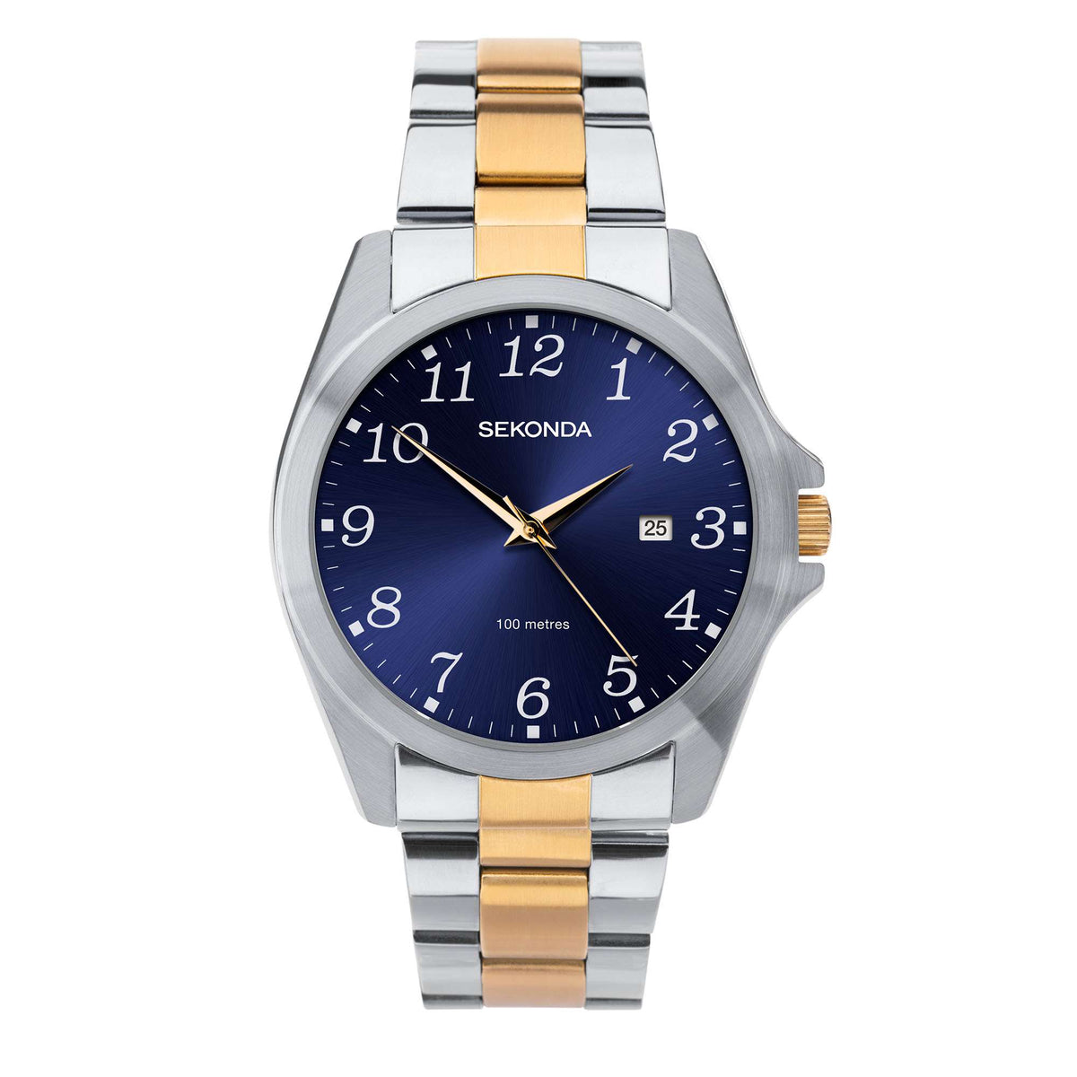 Two-tone metal wristwatch with blue face and date window at 3 o'clock