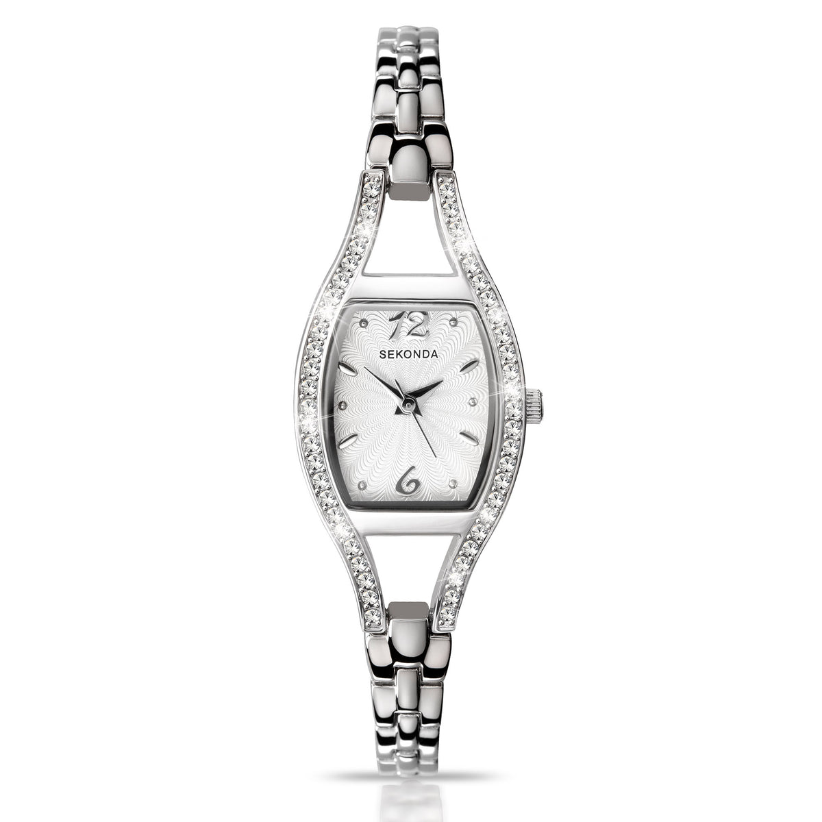Silver-tone ladies watch with dark markers on dial, polished stainless steel bracelet band