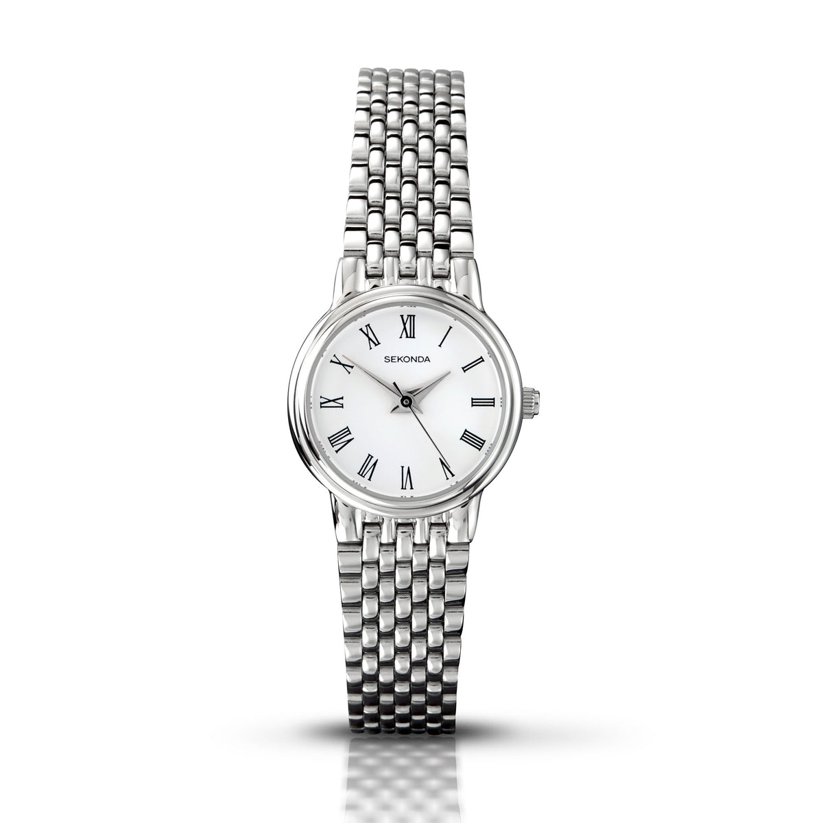 Round Sekonda quartz watch with white dial, Roman numeral markers, steel link bracelet