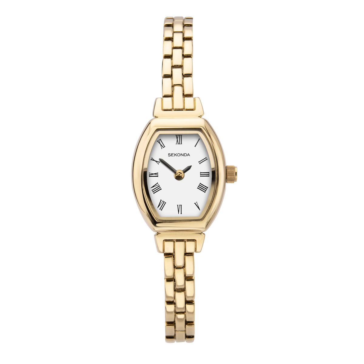 Gold-tone oval case quartz watch with white dial, Roman numerals, and metal bracelet band