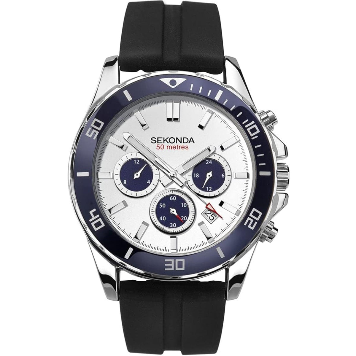 Men's sports quartz watch with three subdials on white face, blue bezel, black rubber strap