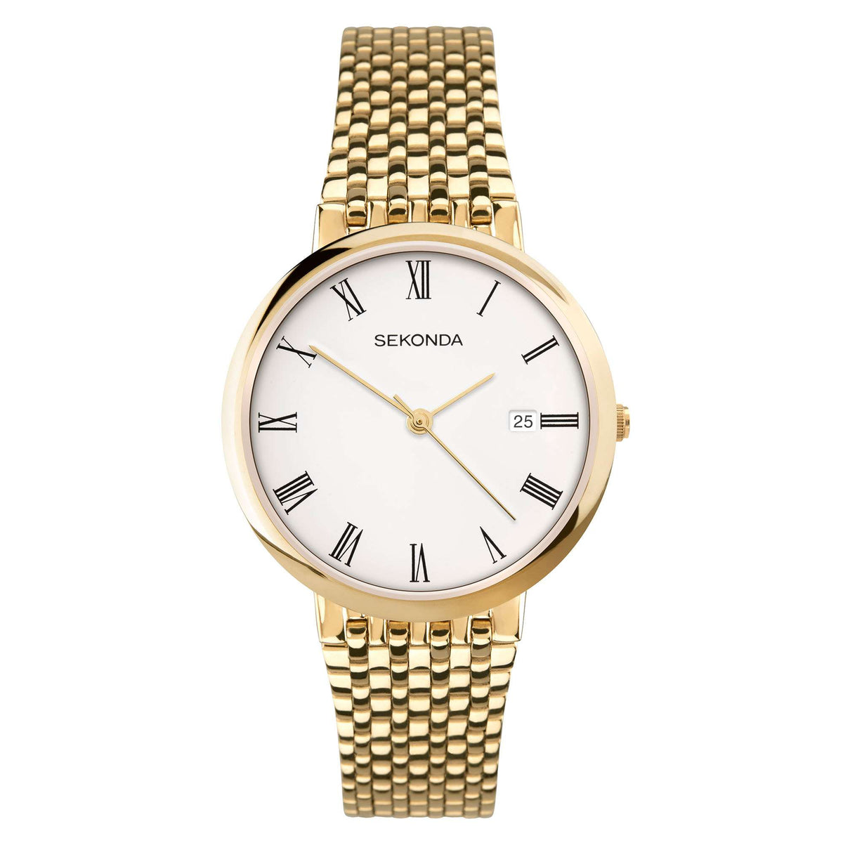 Gold-tone quartz watch featuring white face, Roman numeral markers, and minute/second hands