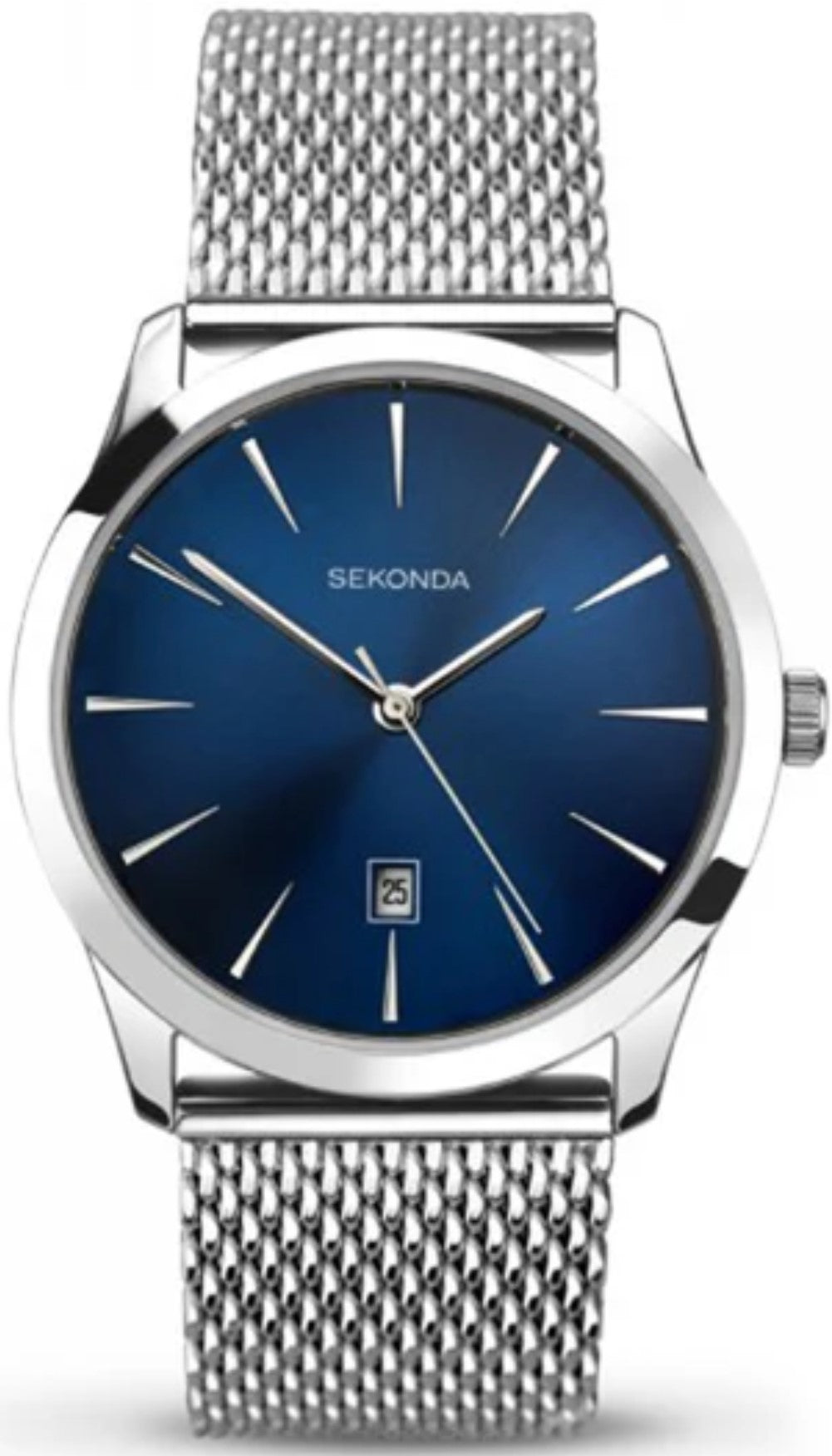Stainless steel mesh bracelet wristwatch with deep blue face, slim hour markers and hands