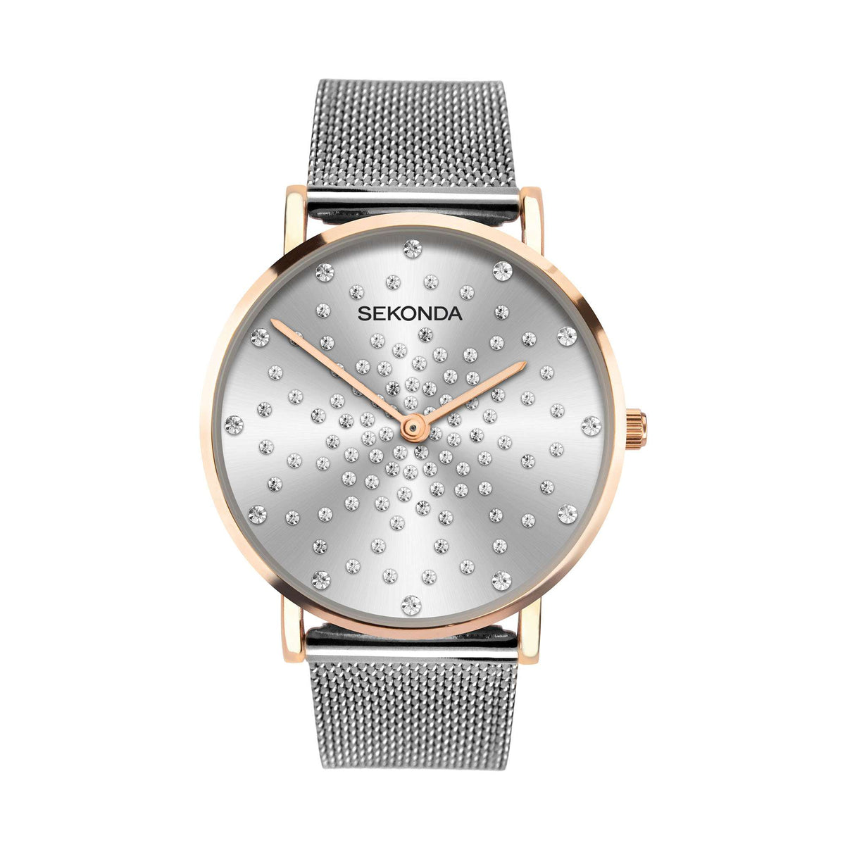 Round SEKONDA watch with silver crystal dial, rose-gold case, gray mesh band; right crown