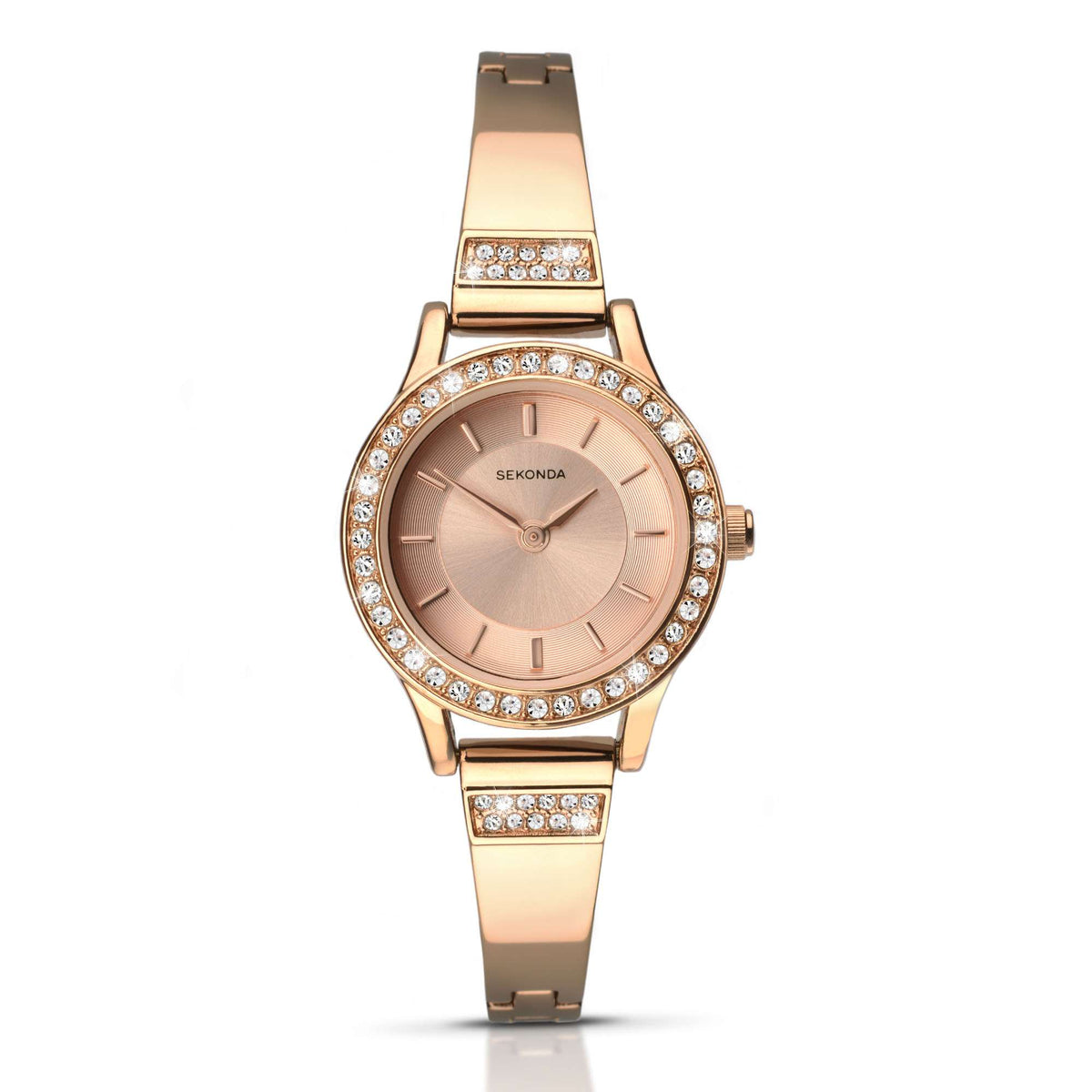 Rose gold tone ladies wristwatch with round dial, crystal bezel, and crown at 3 o'clock