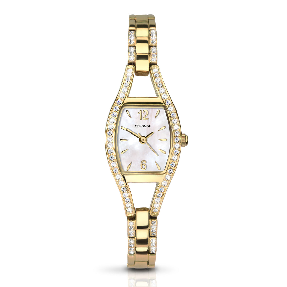 Ladies quartz watch, mother-of-pearl dial, gold-tone links, stone-set bezel