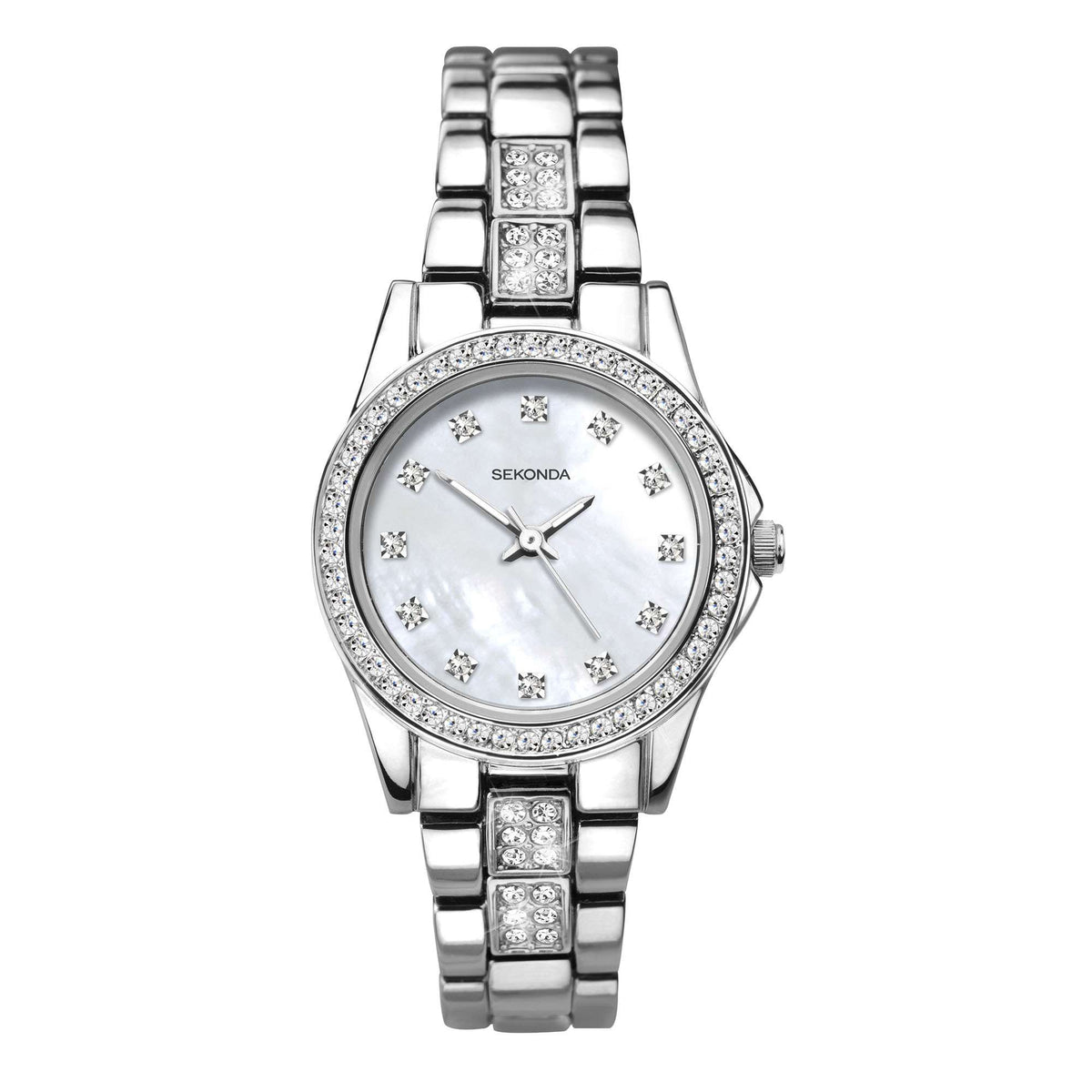 Ladies quartz watch with mother-of-pearl face, crystal markers, and metal bracelet