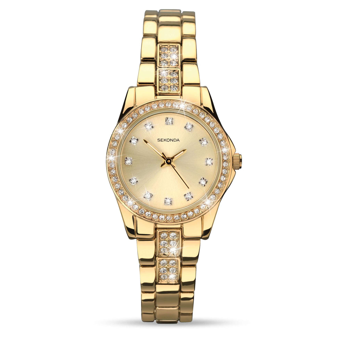 Gold-tone Sekonda wristwatch with champagne dial, diamond hour markers, linked band